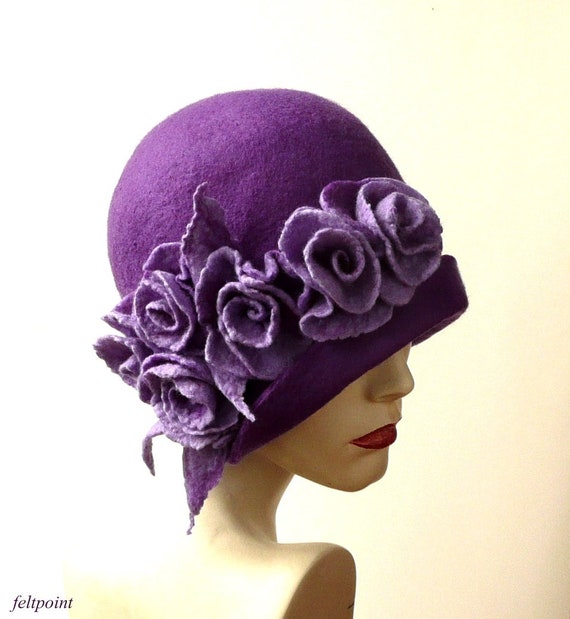 Handmade Felted Cloche Hat: Purple Wool, Lavender Roses - Etsy display picture 2