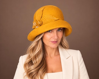 Mustard Yellow Felt Cloche Hat, Ladies Wool Hat, 1920s Style