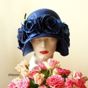 Navy blue hat, Cloche felted hat felt hats Women&#39;s  hat Cloche Hats felted hats, 1920s hat Retro hat,   Gatsby hat, Miss Fisher hat