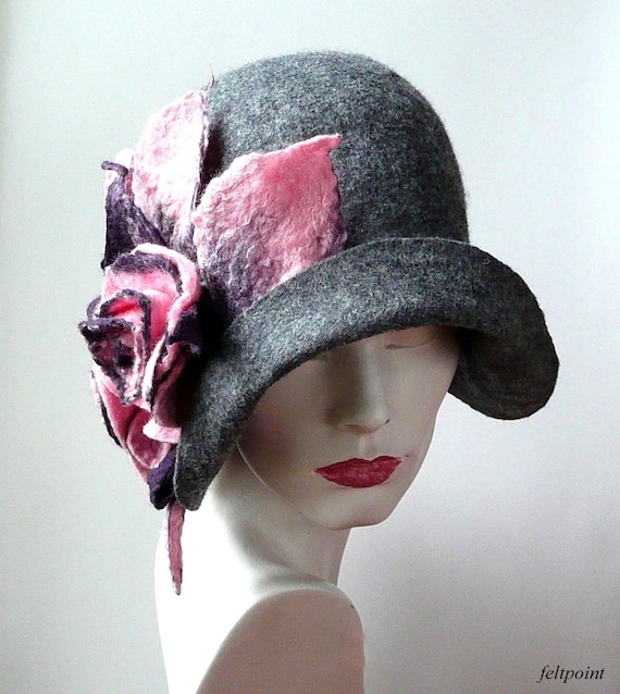 Miss Fitt Felted Black Wool Cloche Hat with Pink Felt Flowers Irene Cloche - Vintage Ladies Hat — Miss Fitt & Co. ~ Moss Fête main image 3