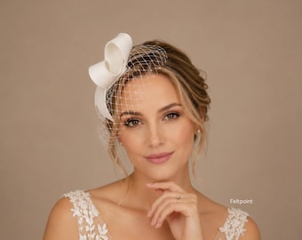 Ivory Cream Bridal Fascinator Hat, Birdcage Veil, Sculptural Bow Wedding Headpiece