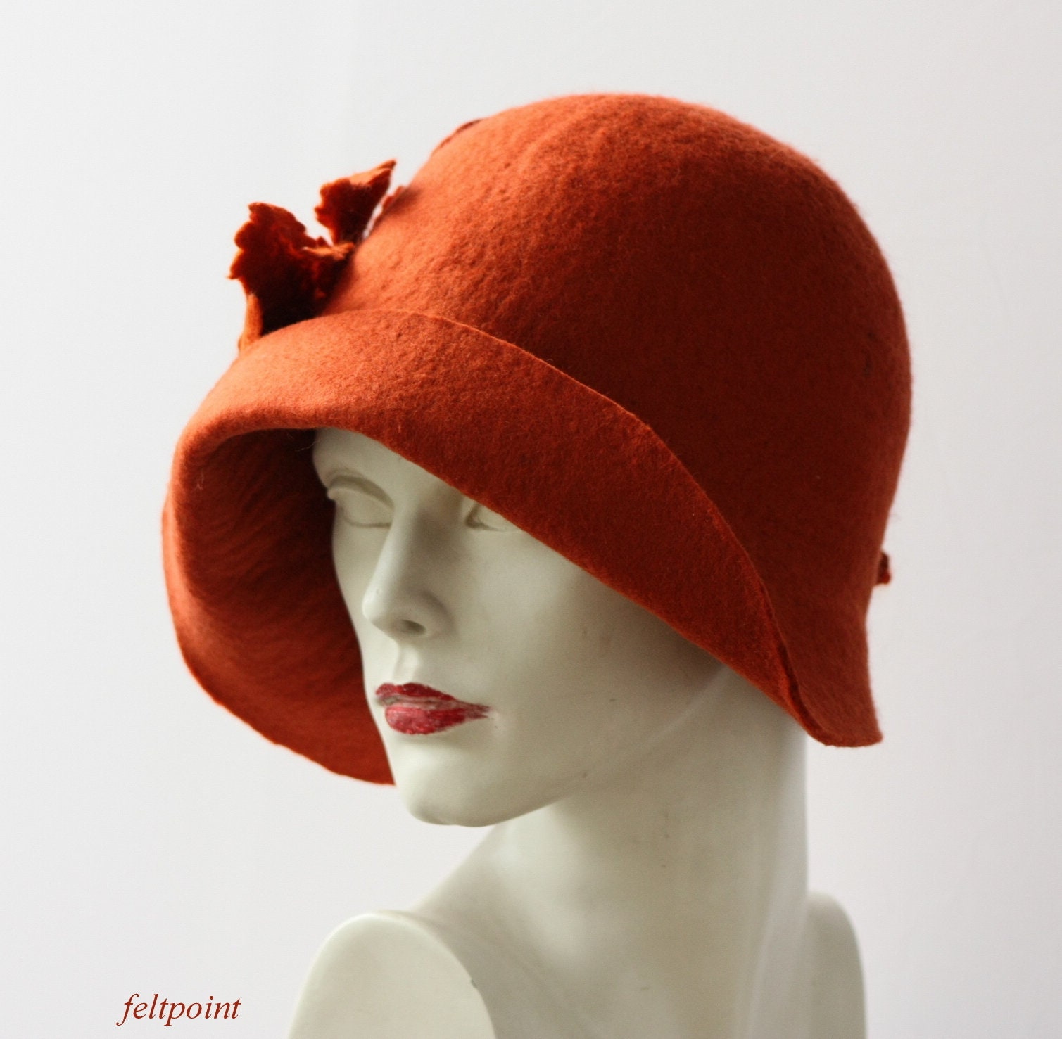 Vintage Style Wool-Feel Cloche Hat Rust Feather Detail - AS IS Rust Merino Wool Felt Cloche Hat, Art Deco Style - Etsy main image 4