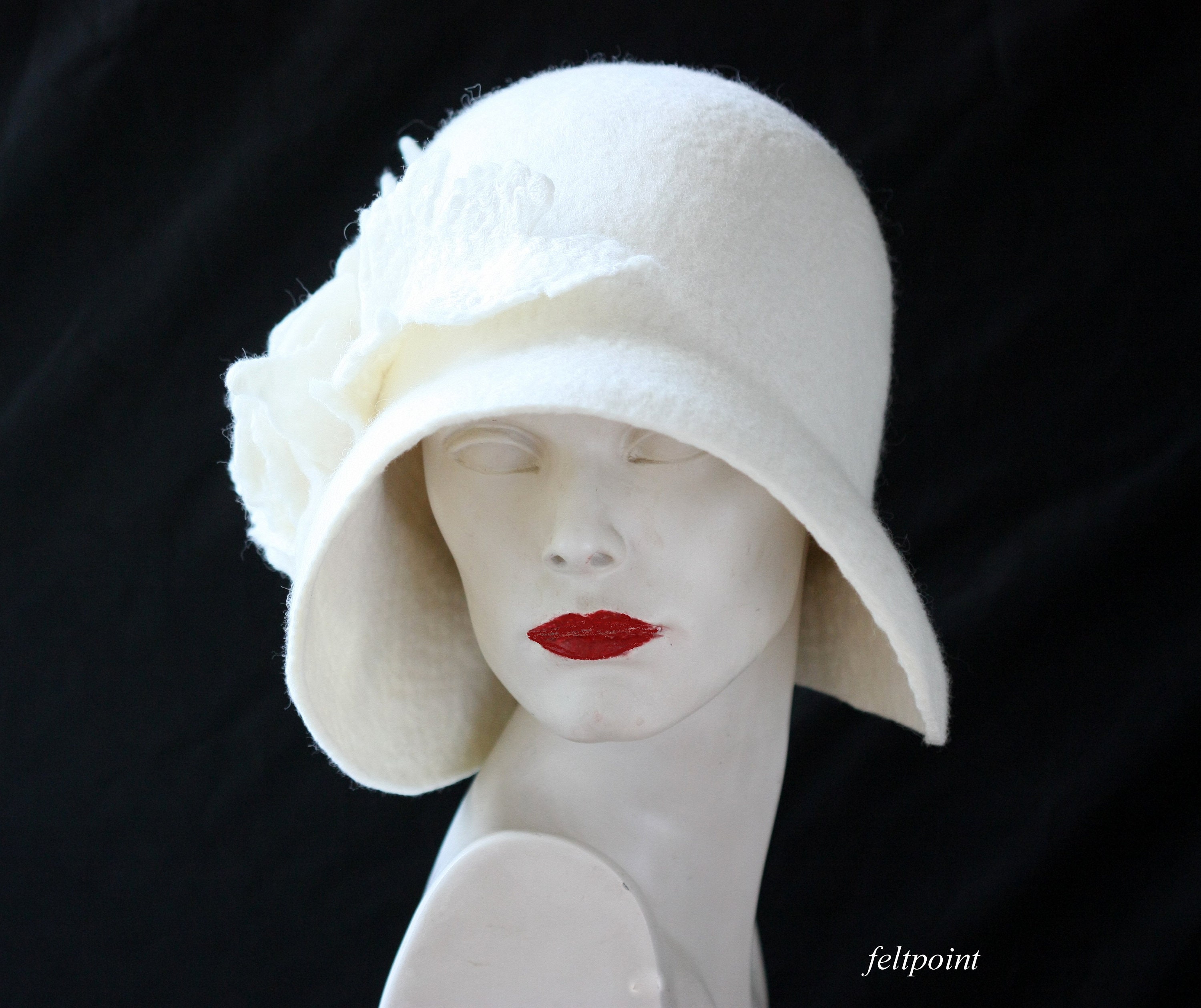 White Cloche Hat Felted Hat Felt Hats Womens Hat Cloche Hats  display picture 3