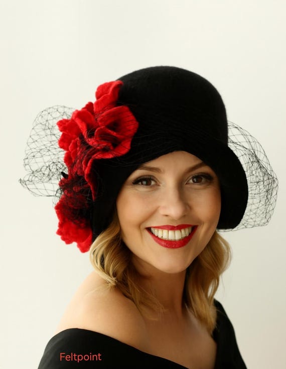 Black Cloche Hat With Red Flowers and Veil – Elegant 1920s 