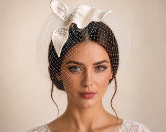 Ivory Bridal Fascinator with Birdcage Veil, Handmade Wedding Headpiece, Felt Pearl Embellishment