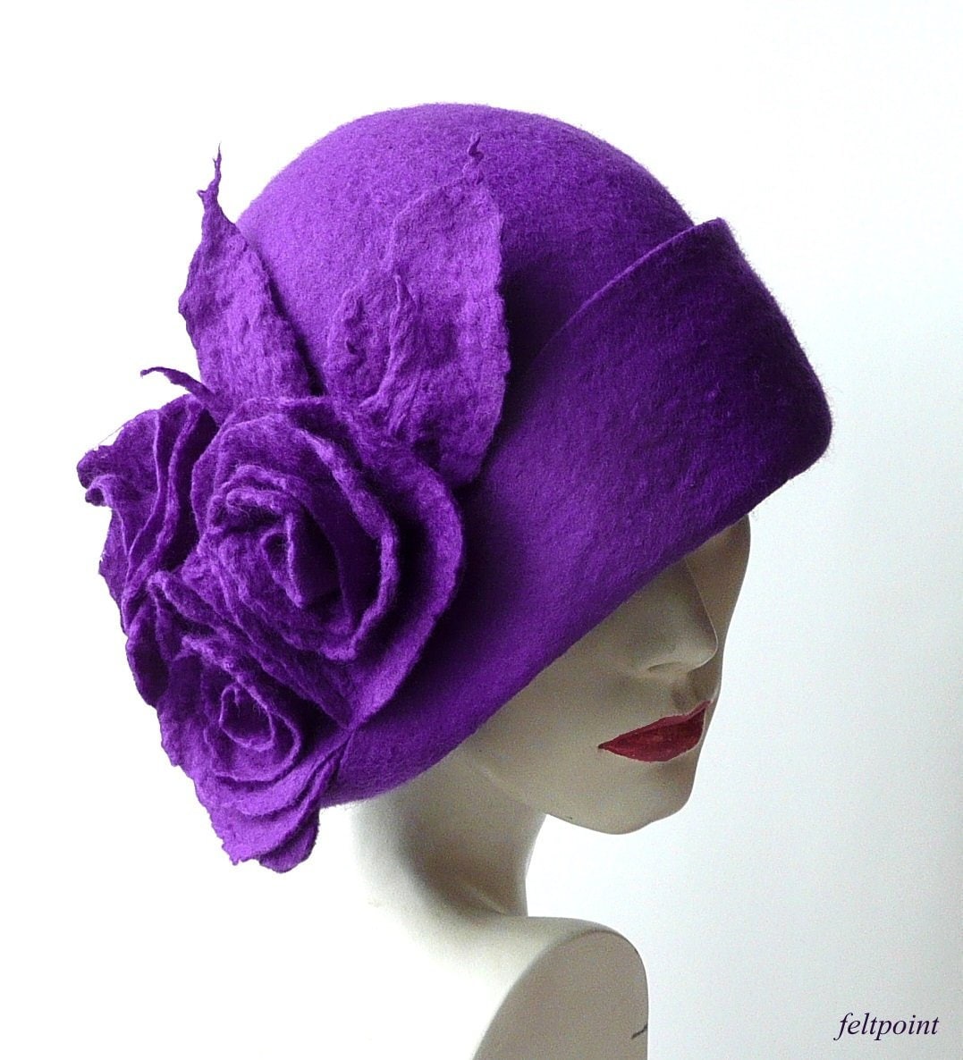 Handmade Purple Merino Wool Felt Cloche Hat With Roses - Etsy display picture 1