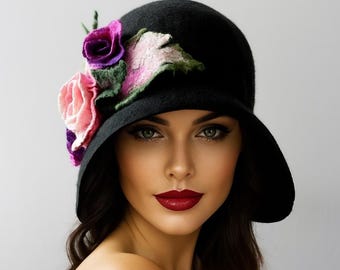 Black Wool Cloche Hat – Handmade Felt Flowers, Vintage Style
