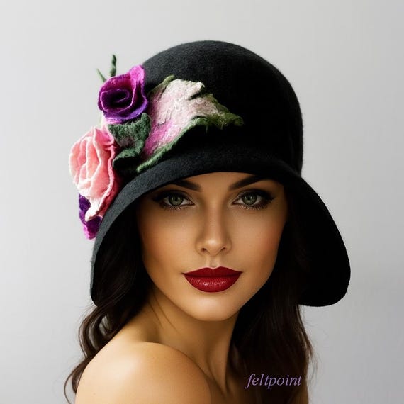 Wool Vintage Retro Style Cloche Hat Black with Floral Accents One Size Black Cloche Hat Women, Felted Hat, Cloche, 1920 main image 4