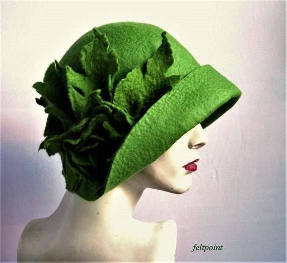 Green Cloche Hat, Millinery Hat, Felt Hat, Felted Hats,hat