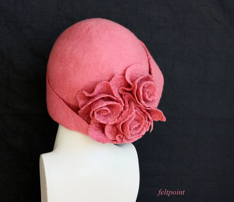 Dusky pink hat Felted hat felt hats Women's hat Cloche Hats felted hats 1920s hat Retro hat Pink Hat Victorian 1920's roses hats FELTPOINT image 4