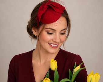 Red Felt Fascinator with Bow and Veil, Bridal Headpiece, Merry Widow Hat
