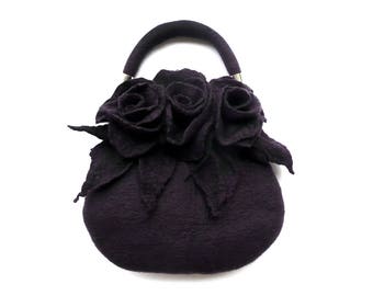 Bolso de mano de lana merino fieltrado a mano con detalles en rosa, bolso de arte
