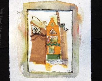 yellow house small original collage paper textile watercolor hand-painted in laid paper passe-partout
