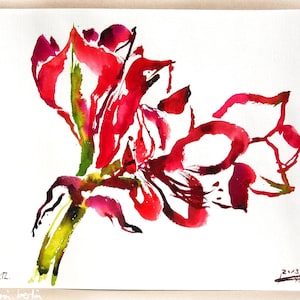 Tableau de fleurs amaryllis rouge aquarelle originale format paysage 30 x 40 cm unique signé
