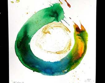 Zen Kreis bunt gold 20x20 cm original Aquarell Goldacryl Unikat