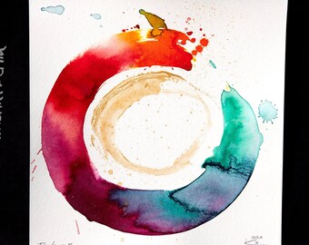 Zen circle colorful 20x20 cm original watercolor gold acrylic unique piece