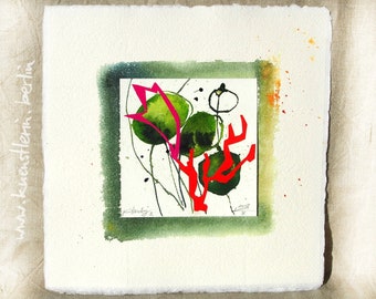 Picture green coral 20x20 cm original watercolor with collage in handmade passe-partout unique