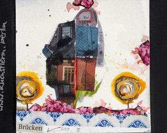 House mini picture colorful 10x10 cm original collage mixed media unique square