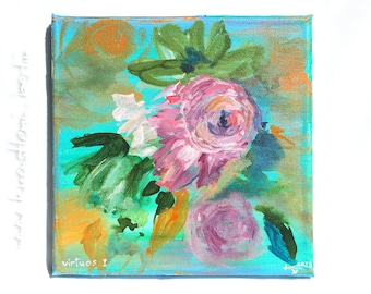 Roses pink painting 20x20 cm original acrylic canvas textured edge square unique gold