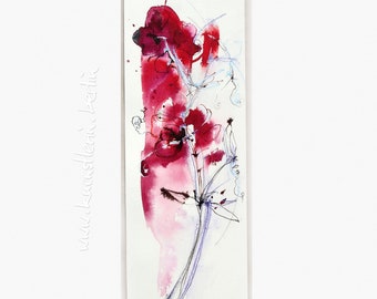 Flower red sweet peas painting narrow tall paper mixed media chalk pencil ink fixed