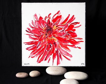 Flower dahlia red 30x30 cm canvas original painting square unique