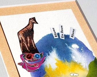 Giraffe picture colorful 20x20 cm original watercolor with collage in a passe-partout gray unique