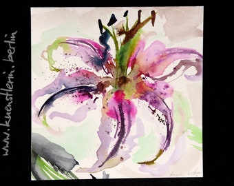 Fleur aquarelle originale lys rose 20 x 20 cm dégradé unique