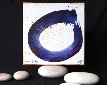 Zen circle blue gold 20x20 cm canvas original painting spiritual square unique