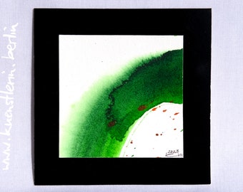 Picture green small 10x10 cm original abstract watercolor painting black passe-partout paper unique square