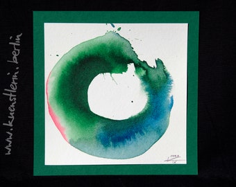 Zen circle green 15x15 cm original watercolor small paper gradient unique square