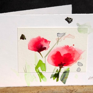 Carte d'artiste coquelicots aquarelle originale avec enveloppe A6 carte pliante format paysage 10 x 15 cm signée unique