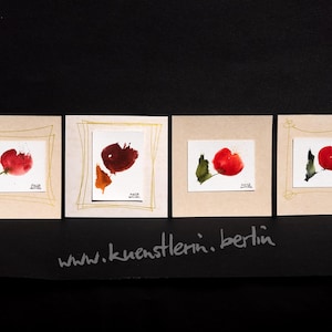 rote Blumen original Aquarell 4er-Set Miniatur Bilder Grußkärtchen je 10x10 cm groß signiert Unikate