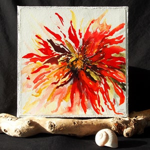 Dahlia rouge petite aquarelle originale papier collé sur toile 20x20x1,8 cm unique signée carré