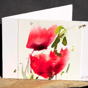 Aquarellkarte Mohnblume handgemalt Unikat Klappkarte A6 10x15 cm mit Büttenumschlag original Aquarell signiert Querformat