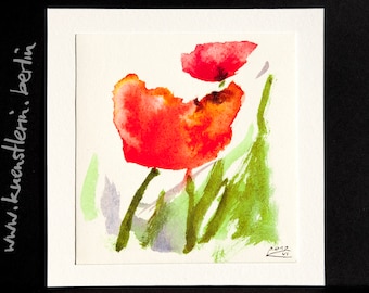 Poppy flower red 15x15 cm original watercolor small square unique