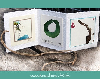 Set of 3 original watercolor mini pictures Zen circle green folding book to bind