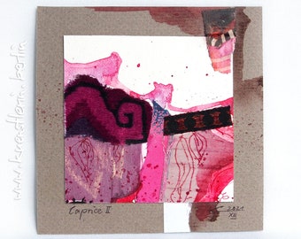 pink wave mini collage 10x10 cm original mixed media paper textile painting metallic shine