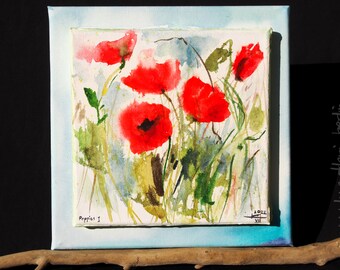 Poppy red flowers 25x25 cm painting canvas blue