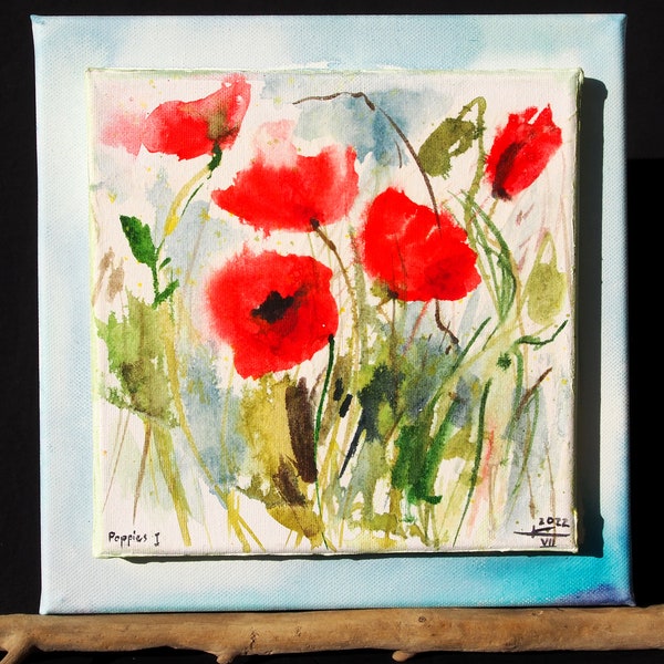 Poppy red flowers 25x25 cm painting canvas blue