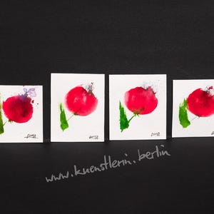 original Aquarell rote Blumen kleine Bilder 4er-Set Unikate ca. 6x7 cm groß signiert kleine Geschenke