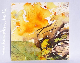 petite image jaune 15 x 15 cm été peinture originale sur papier techniques mixtes unique