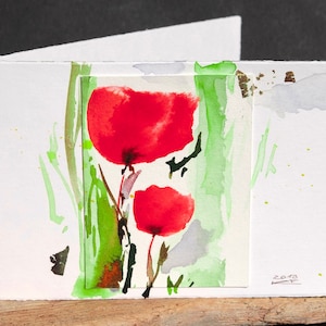 Carte pliante A6 fleur rouge aquarelle originale 10 x 15 cm format paysage unique signée avec enveloppe faite main