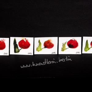 rote Blumen original Aquarell kleine Minibilder 5er-Set Unikate signiert kleine Geschenke