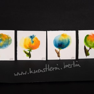 bunte Blumen kleine Minibilder original Aquarelle 4 er-Set Unikate je 9x9 cm signiert quadratisch