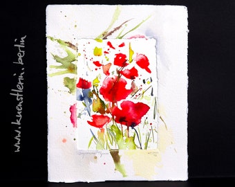 Mohn Bild Blumen rot 30x25 cm original Aquarell Passepartout Bütten bemalt Unikat