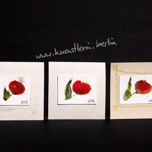 rote Blumen Aquarell kleine Bilder 3er-Set original Kunst 10x10 cm große Unikate signiert kleine Geschenke Minikarten