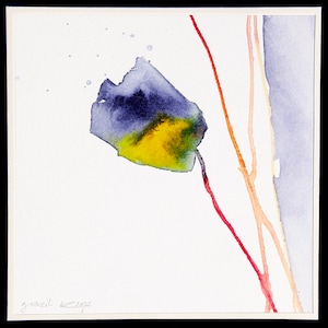 art minimaliste fleur bleue aquarelle originale petit tableau 15 x 15 cm unique signé carré