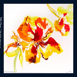 fleur jaune capucine aquarelle originale petit tableau 20 x 20 cm unique signé carré