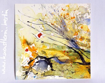 Tableau jaune petit 15 x 15 cm peinture originale sur papier technique mixte arbre d'été unique