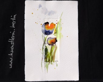 Blumen bunt abstrakt 30x20 cm original Aquarell im Passepartout handbemalt schmal Unikat